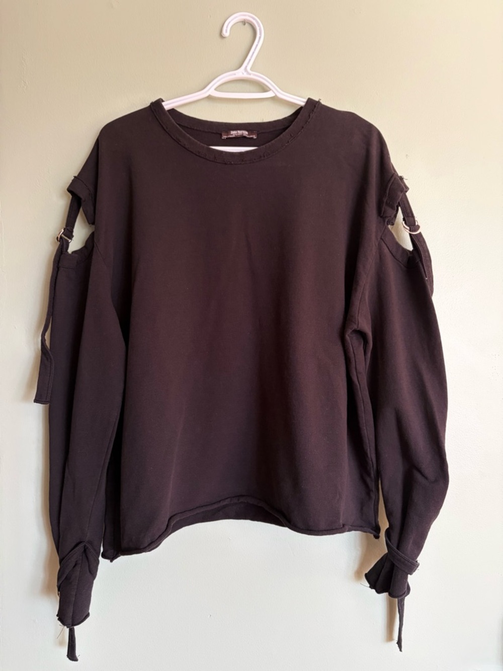 ZARA TRF Distressed Cold Shoulder Sweatshirt Black L Grunge Punk Rock Thrashed